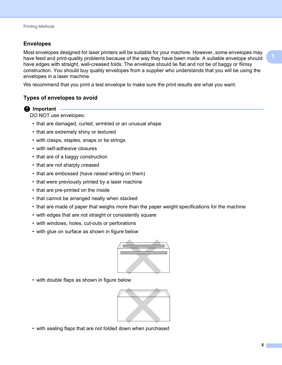 Envelopes, Types of envelopes to avoid, With double flaps as shown in figure below | Brother HL-5470DWT User Manual | Page 11 / 177