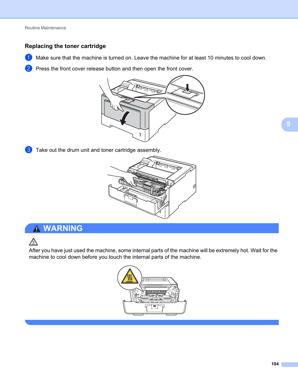 Replacing the toner cartridge, E 104, Warning | Brother HL-5470DWT User Manual | Page 110 / 177