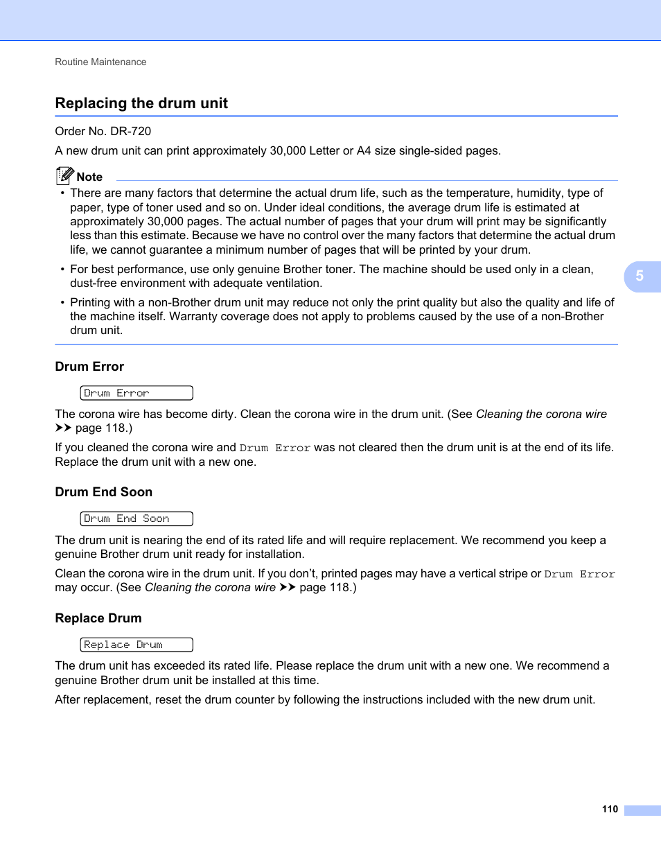 Replacing the drum unit, Drum error, Drum end soon | Replace drum, E 110, 5replacing the drum unit | Brother HL-5470DWT User Manual | Page 116 / 177
