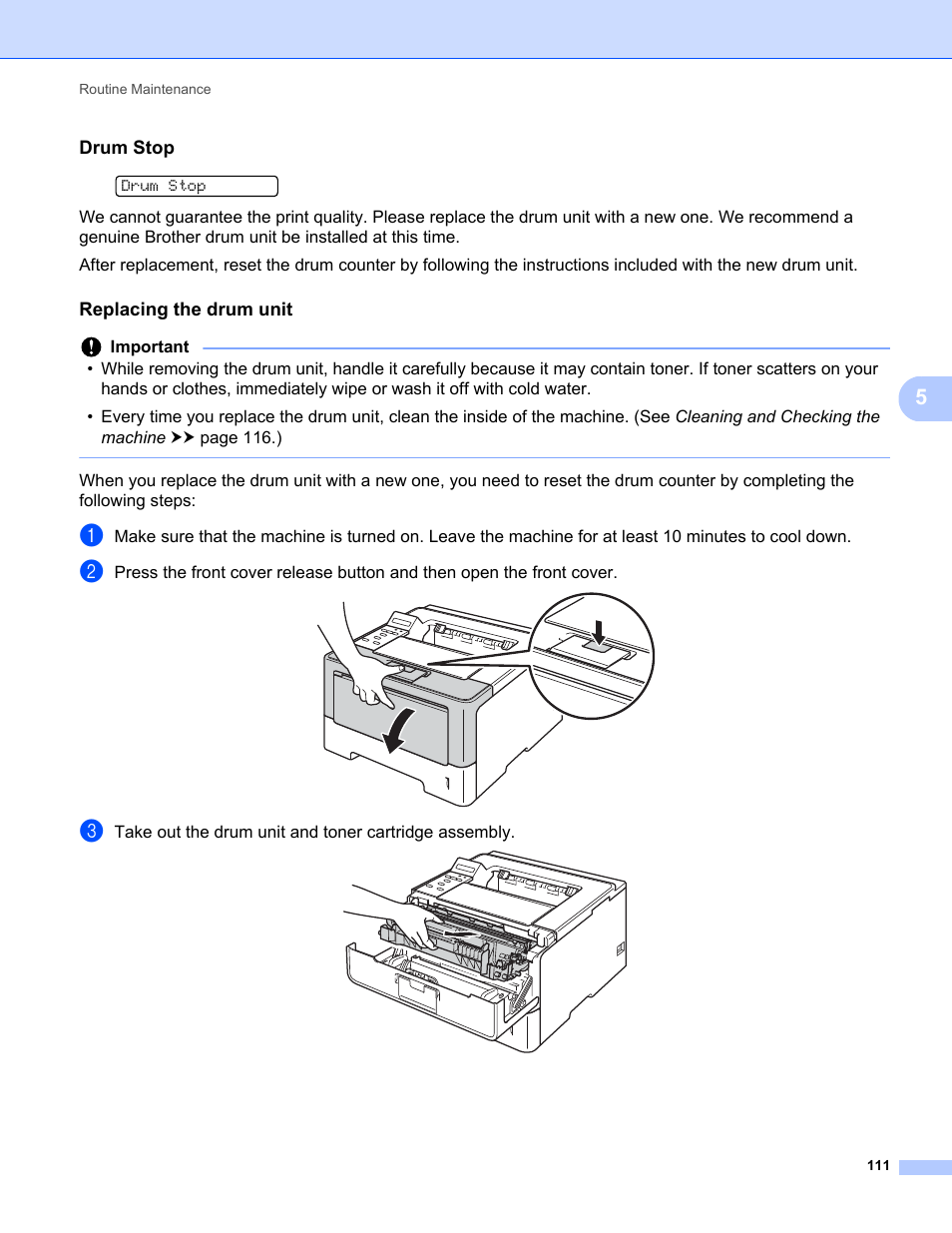 Drum stop, Replacing the drum unit | Brother HL-5470DWT User Manual | Page 117 / 177