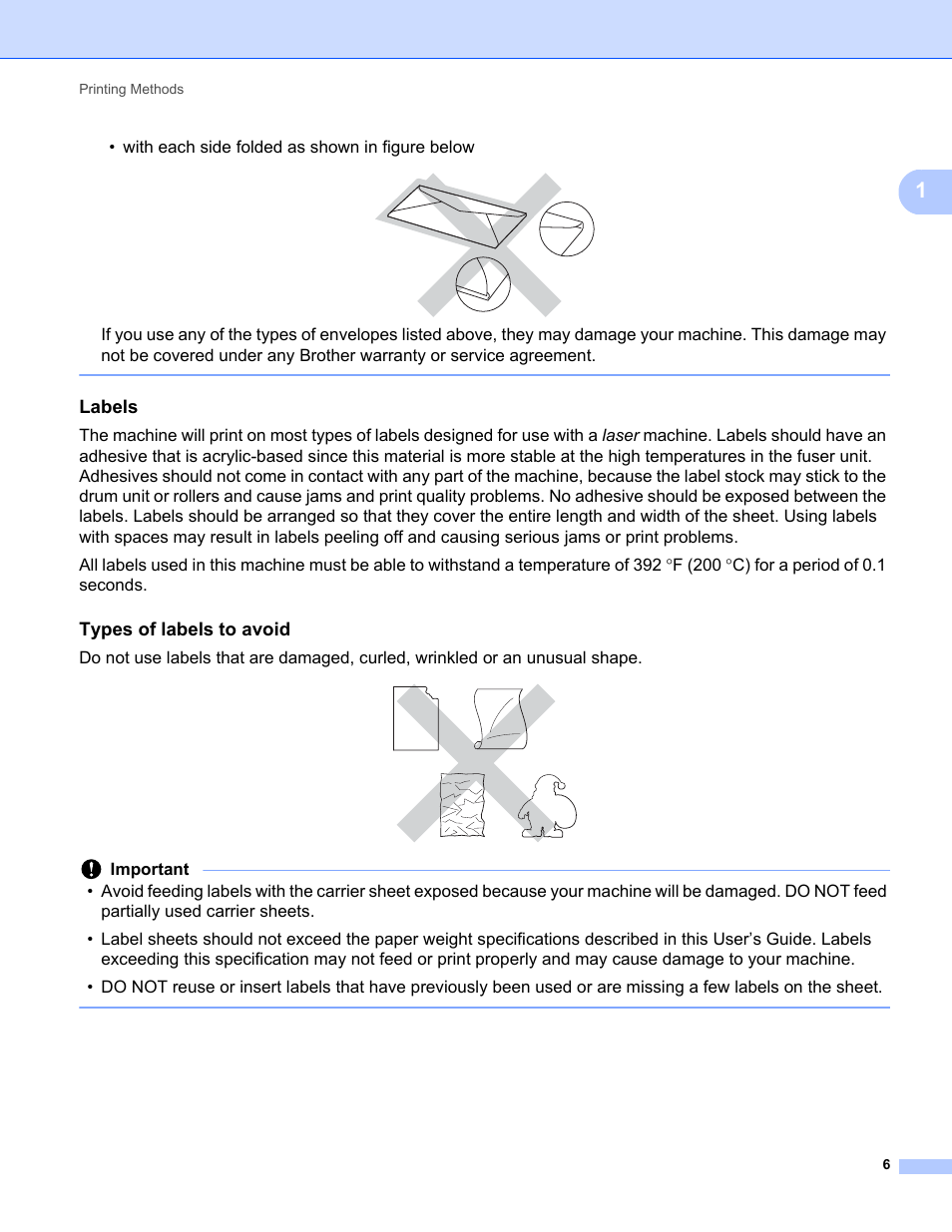 Labels, Types of labels to avoid, With each side folded as shown in figure below | Brother HL-5470DWT User Manual | Page 12 / 177