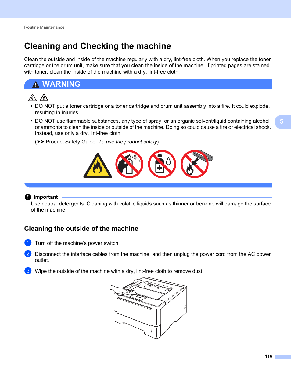 Cleaning and checking the machine, Cleaning the outside of the machine, Cleaning and | Warning | Brother HL-5470DWT User Manual | Page 122 / 177