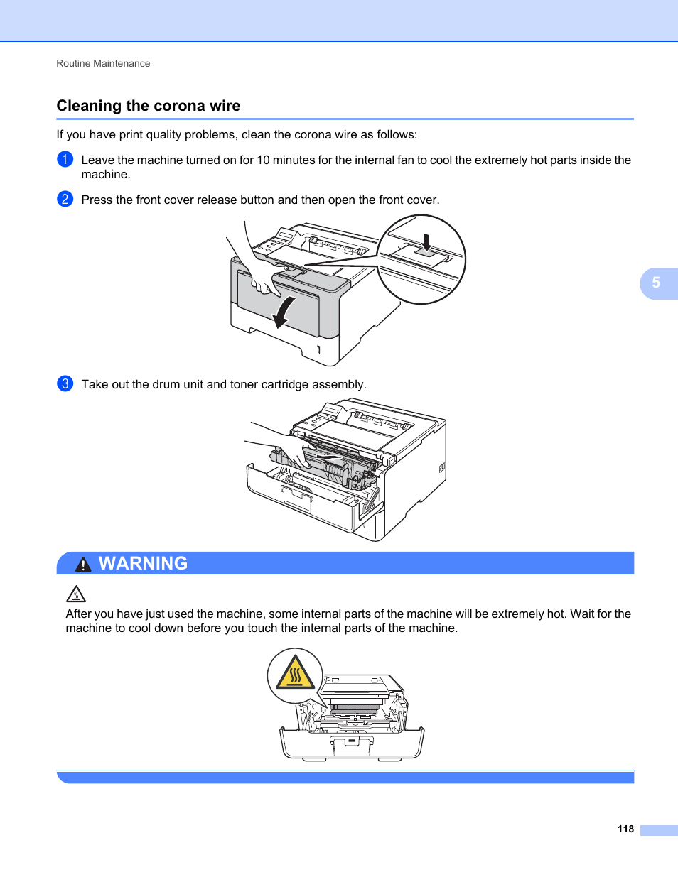 Cleaning the corona wire, Warning, 5cleaning the corona wire | Brother HL-5470DWT User Manual | Page 124 / 177