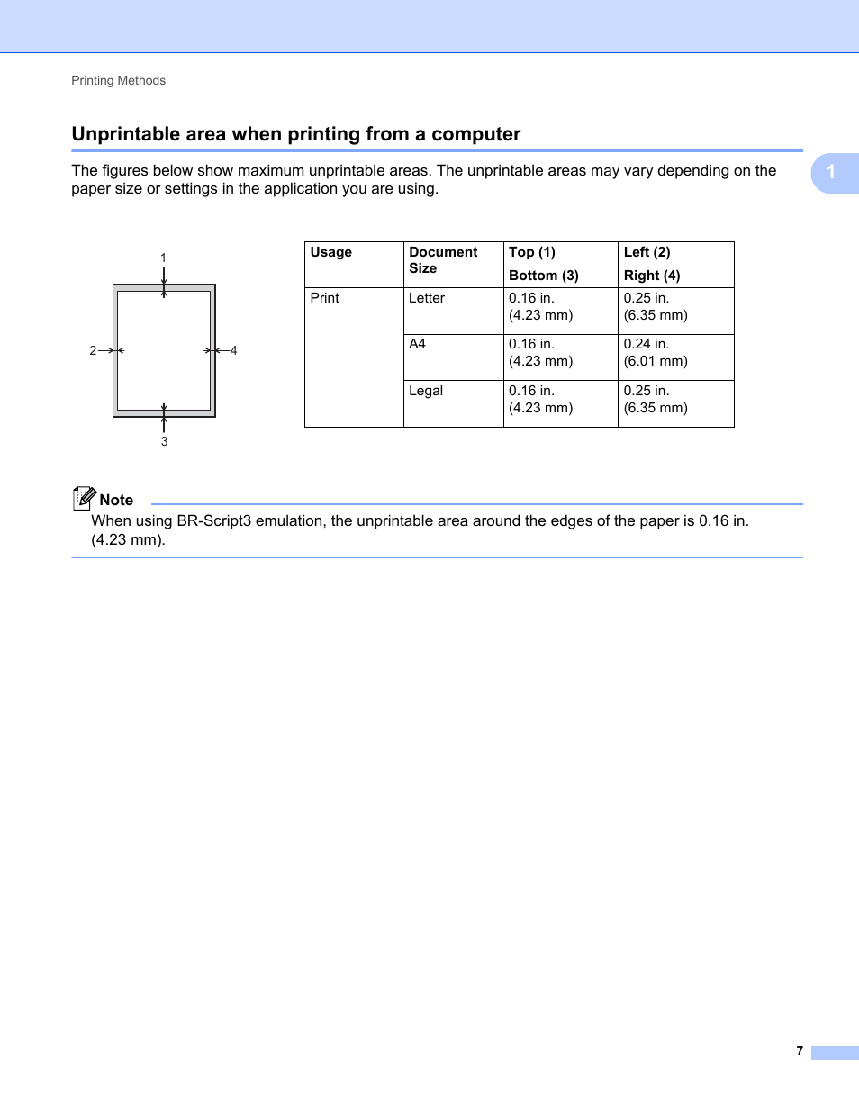 Unprintable area when printing from a computer, 1unprintable area when printing from a computer | Brother HL-5470DWT User Manual | Page 13 / 177