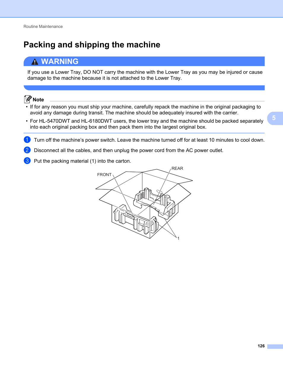 Packing and shipping the machine, Warning | Brother HL-5470DWT User Manual | Page 132 / 177