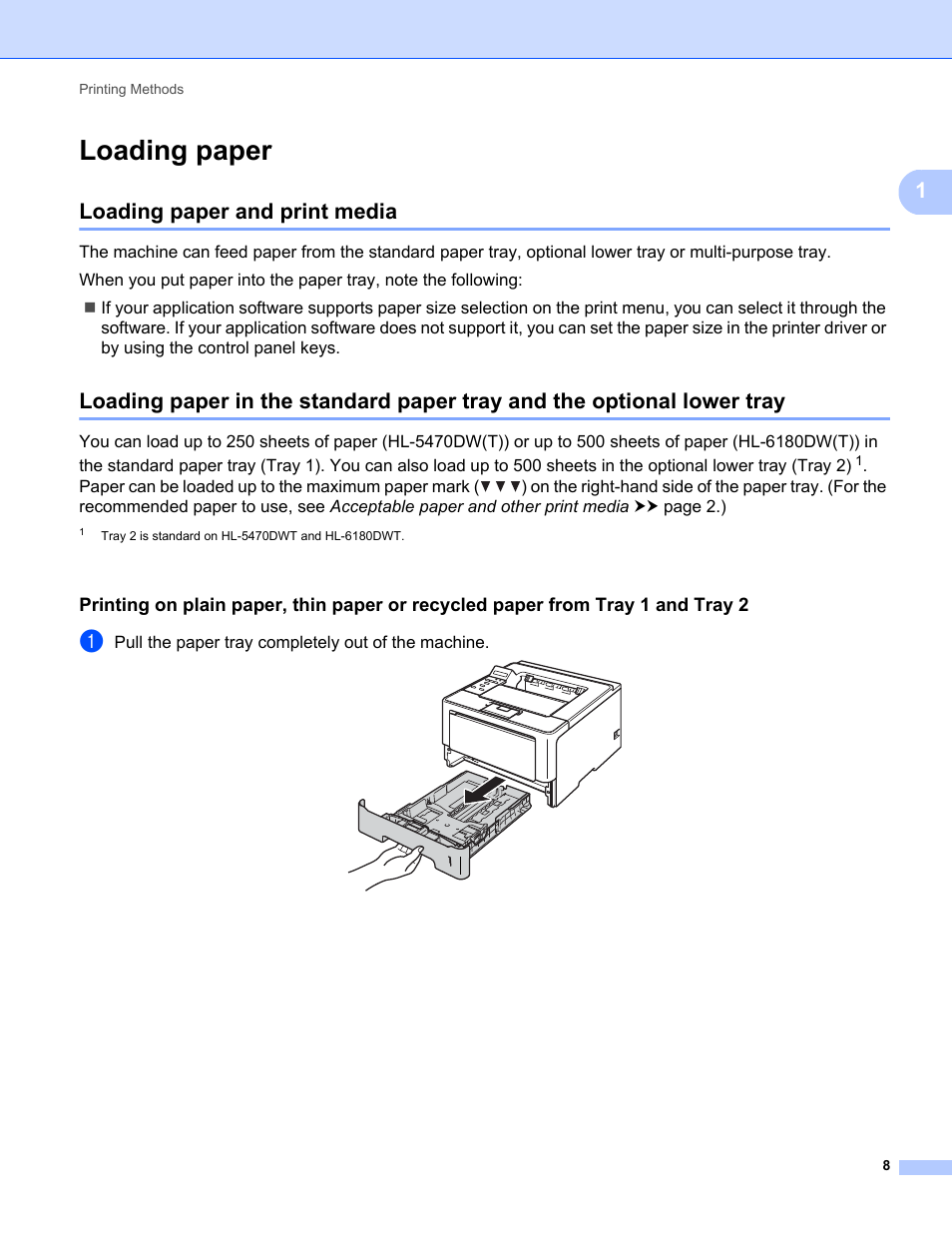 Loading paper, Loading paper and print media | Brother HL-5470DWT User Manual | Page 14 / 177