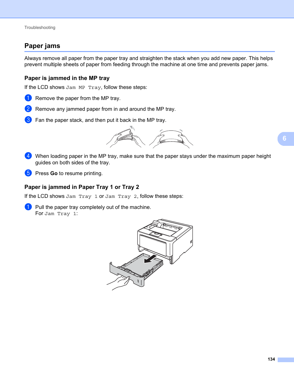 Paper jams, Paper is jammed in the mp tray, Paper is jammed in paper tray 1 or tray 2 | Paper is jammed in paper tray 1 or tray 2 uu, 6paper jams | Brother HL-5470DWT User Manual | Page 140 / 177