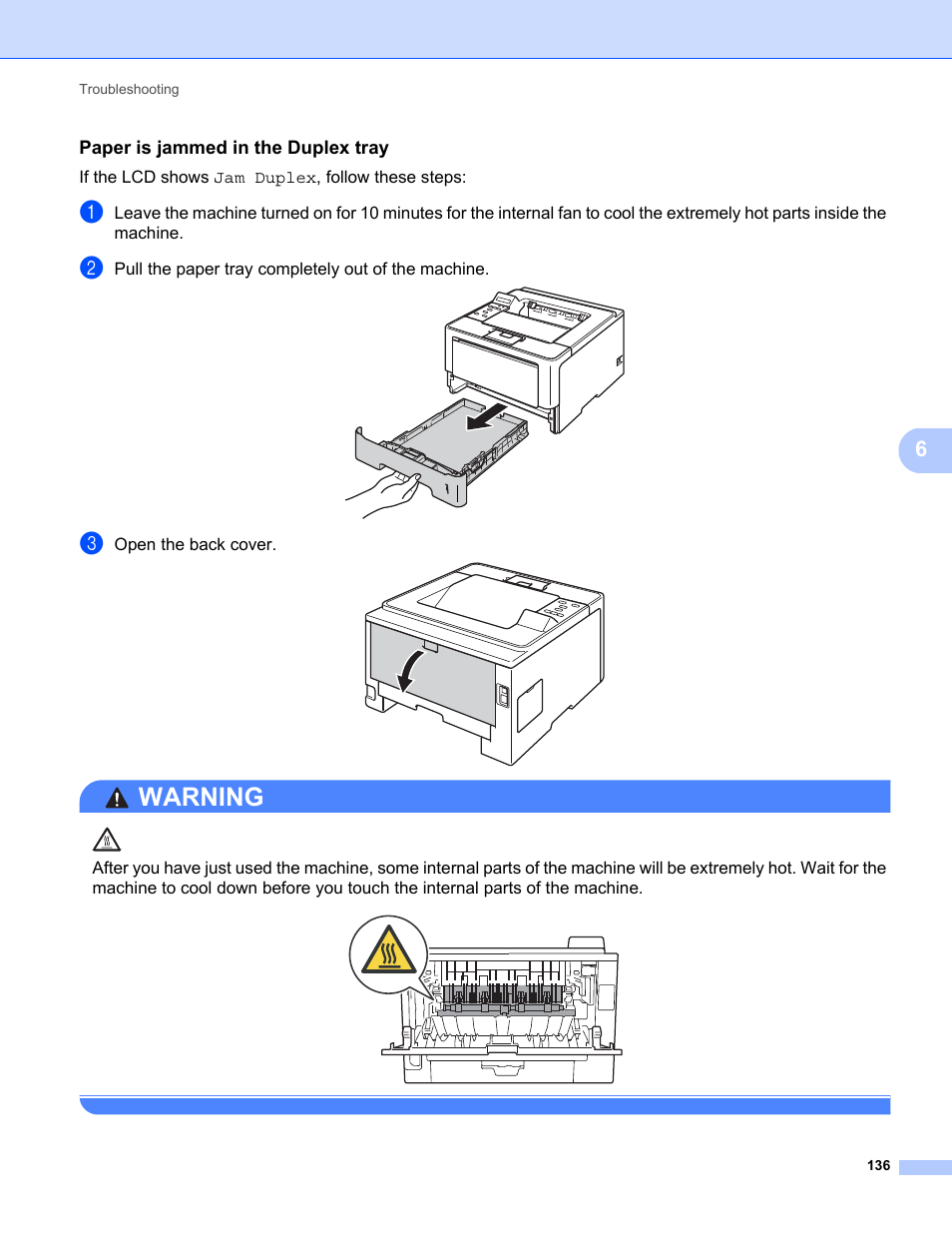 Paper is jammed in the duplex tray, E paper is jammed in the duplex tray uu, Warning | Brother HL-5470DWT User Manual | Page 142 / 177