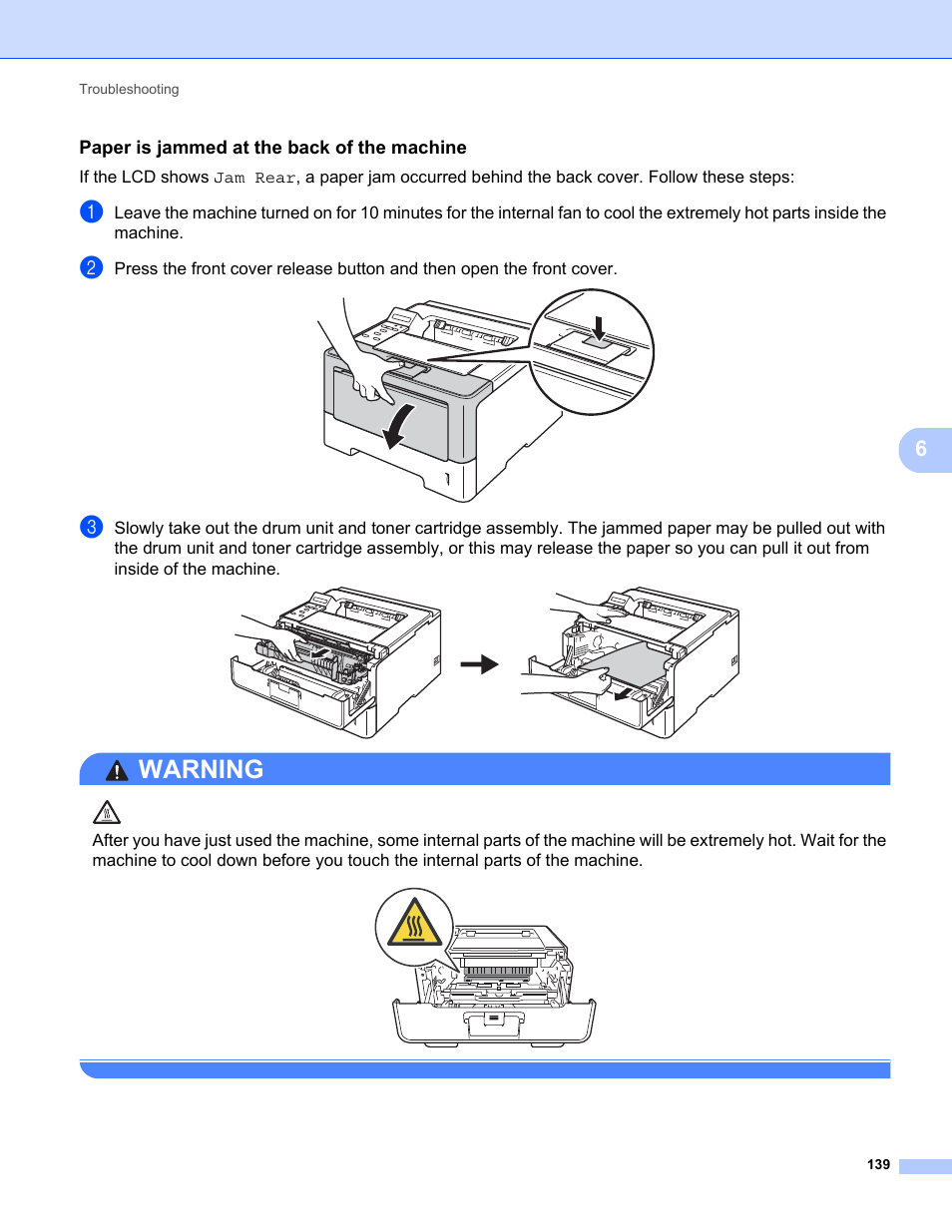 Paper is jammed at the back of the machine, E paper is jammed at the back of the machine uu, Warning | Brother HL-5470DWT User Manual | Page 145 / 177