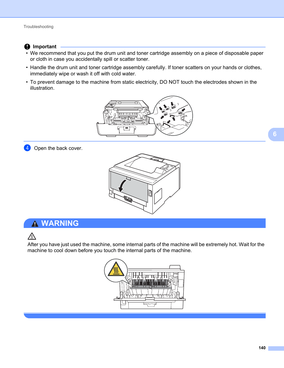 Warning, Open the back cover | Brother HL-5470DWT User Manual | Page 146 / 177