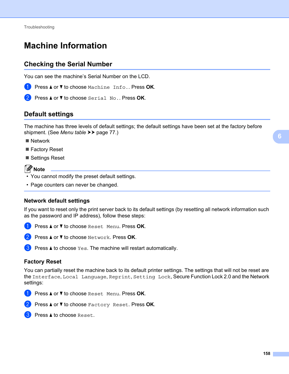 Machine information, Checking the serial number, Default settings | Network default settings, Factory reset, Checking the serial number default settings | Brother HL-5470DWT User Manual | Page 164 / 177