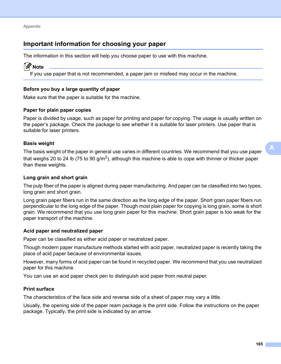 Important information for choosing your paper, Important information for choosing your paper uu, Aimportant information for choosing your paper | Before you buy a large quantity of paper | Brother HL-5470DWT User Manual | Page 171 / 177