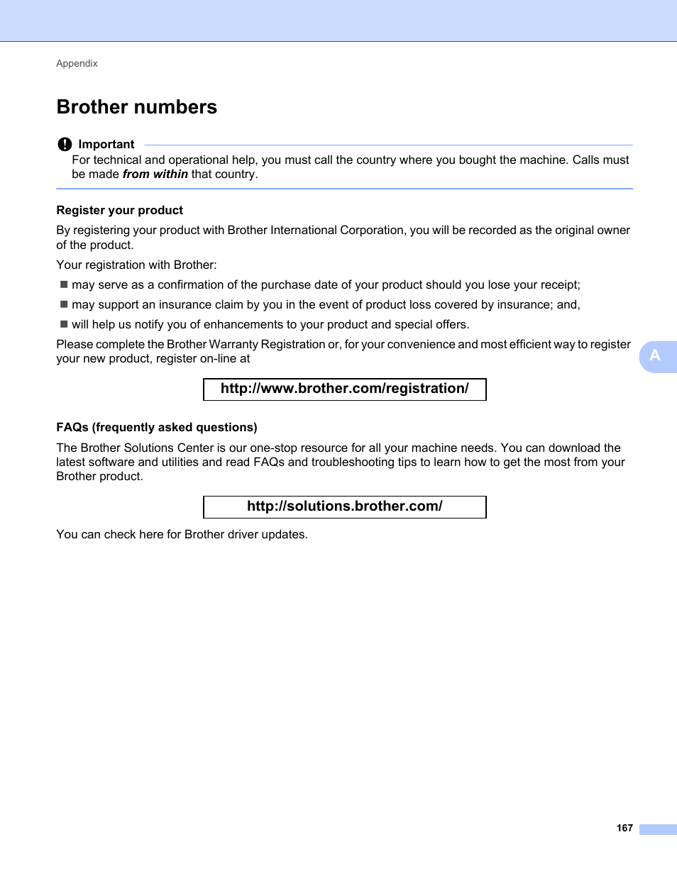 Brother numbers, Register your product, Faqs (frequently asked questions) | You can check here for brother driver updates | Brother HL-5470DWT User Manual | Page 173 / 177