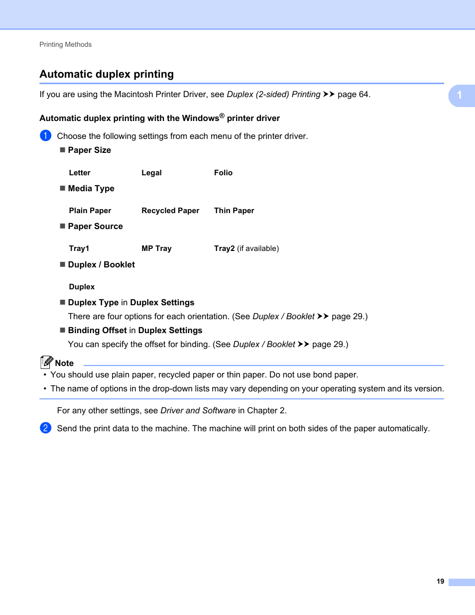 Automatic duplex printing, 1automatic duplex printing | Brother HL-5470DWT User Manual | Page 25 / 177