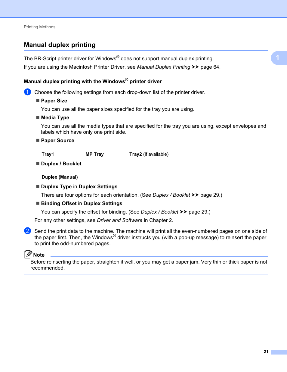 Manual duplex printing, 1manual duplex printing | Brother HL-5470DWT User Manual | Page 27 / 177