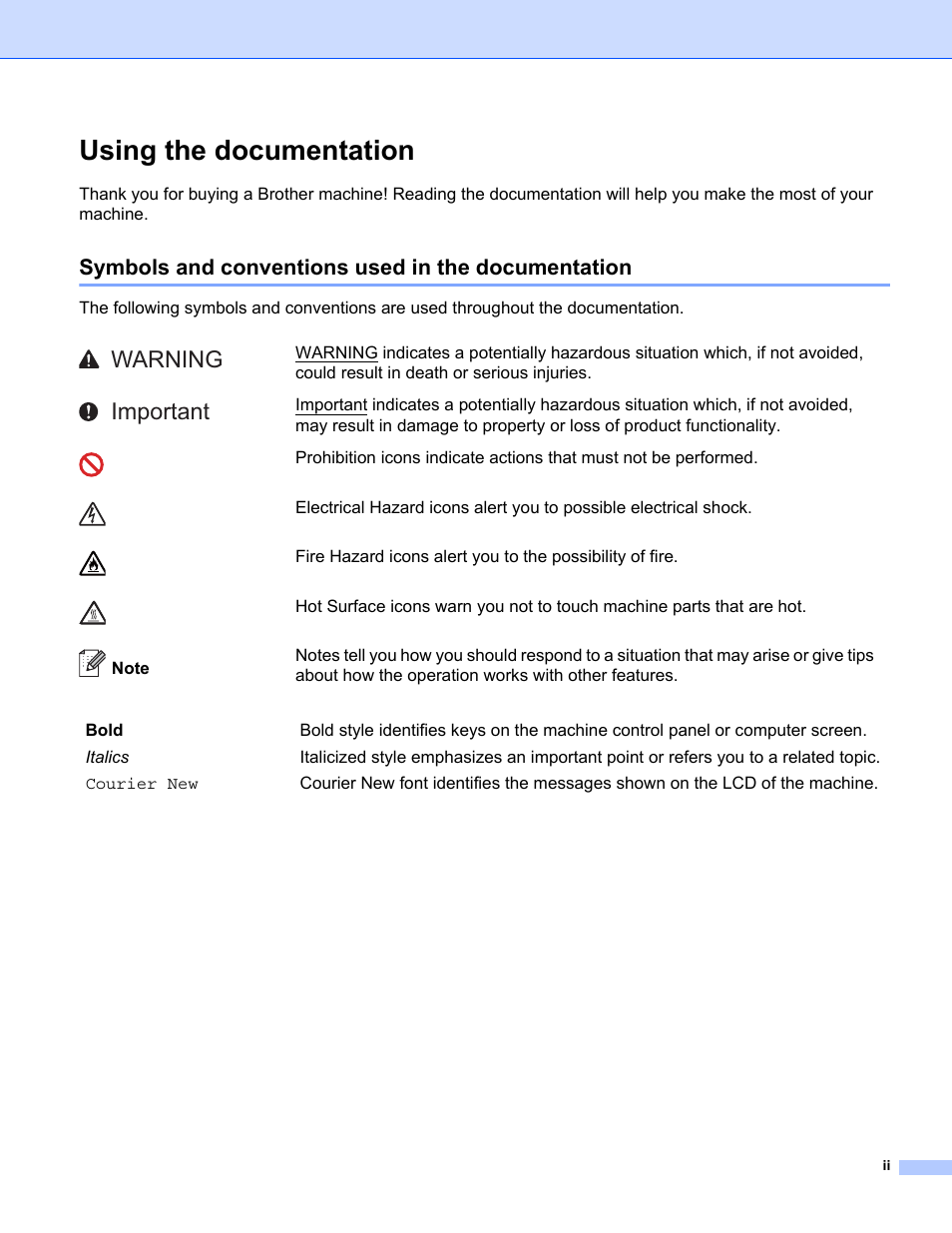 Using the documentation, Symbols and conventions used in the documentation, Warning important | Brother HL-5470DWT User Manual | Page 3 / 177