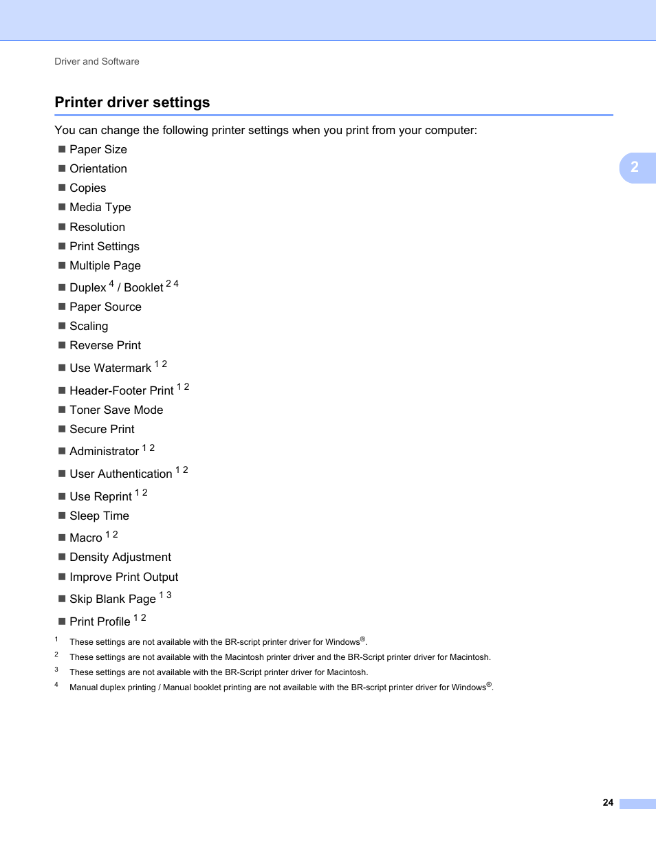 Printer driver settings, 2printer driver settings | Brother HL-5470DWT User Manual | Page 30 / 177