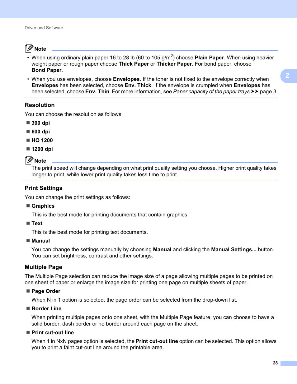 Resolution, Print settings | Brother HL-5470DWT User Manual | Page 34 / 177