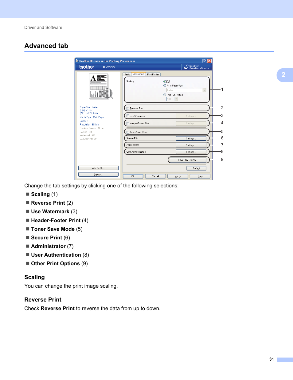 Advanced tab, Scaling, Reverse print | 2advanced tab | Brother HL-5470DWT User Manual | Page 37 / 177