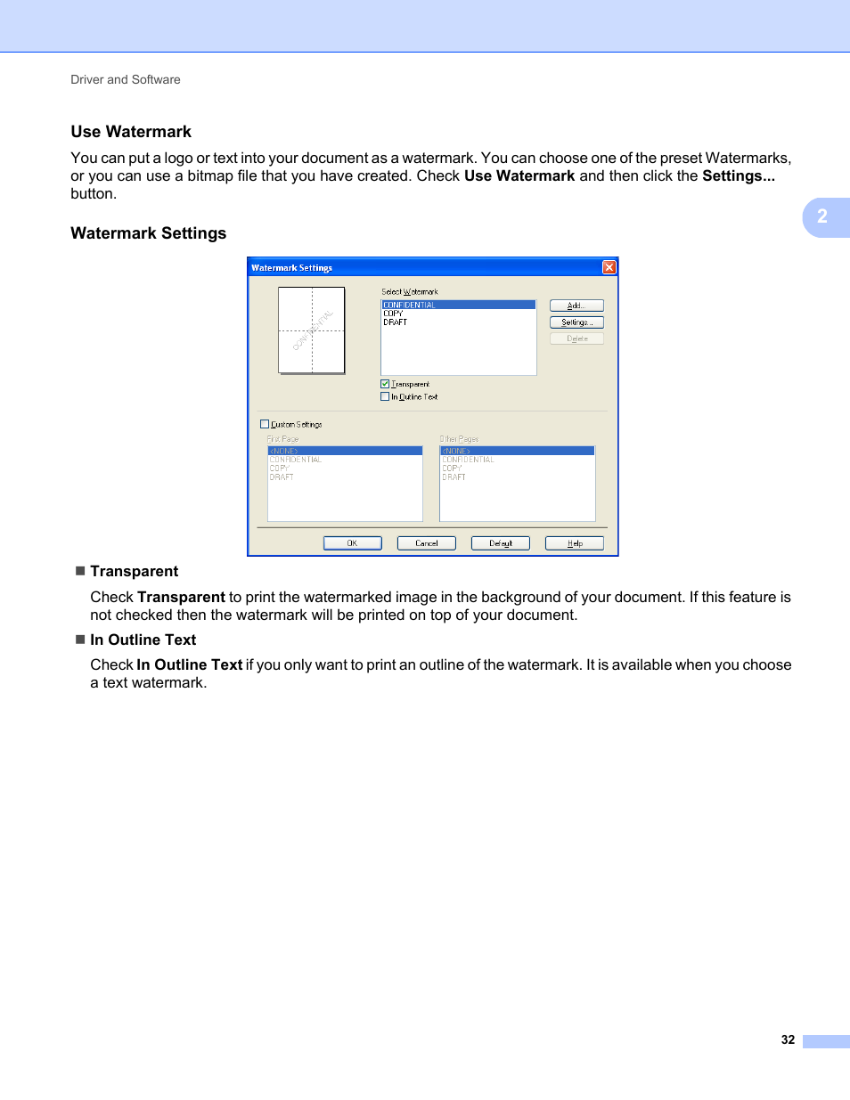 Use watermark, Watermark settings | Brother HL-5470DWT User Manual | Page 38 / 177