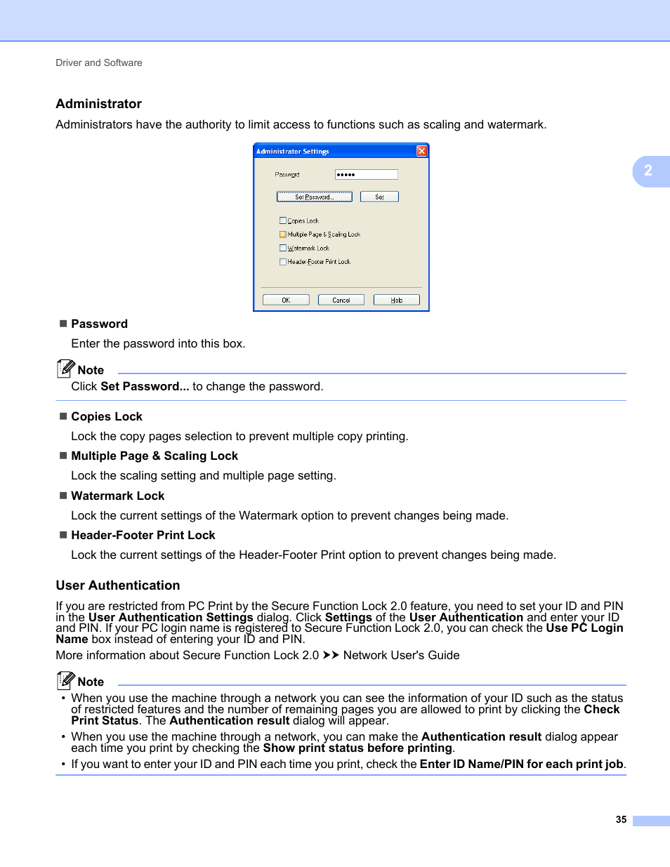 Administrator, User authentication | Brother HL-5470DWT User Manual | Page 41 / 177