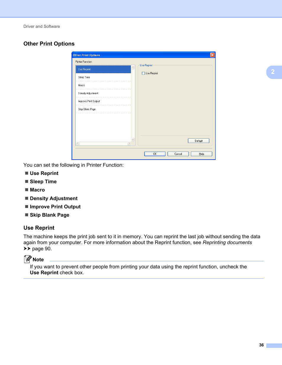 Other print options, Use reprint | Brother HL-5470DWT User Manual | Page 42 / 177