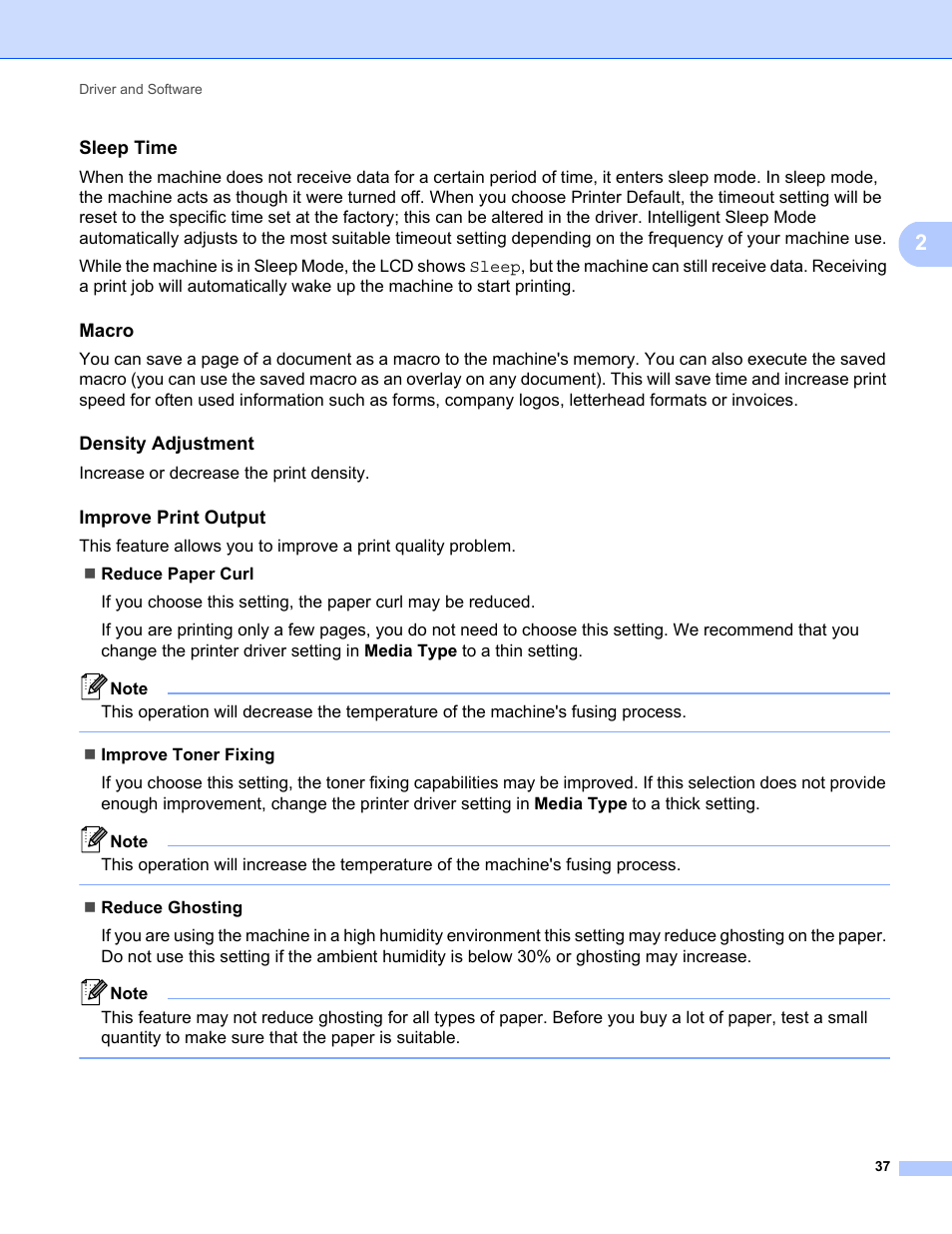 Sleep time, Macro, Density adjustment | Improve print output | Brother HL-5470DWT User Manual | Page 43 / 177