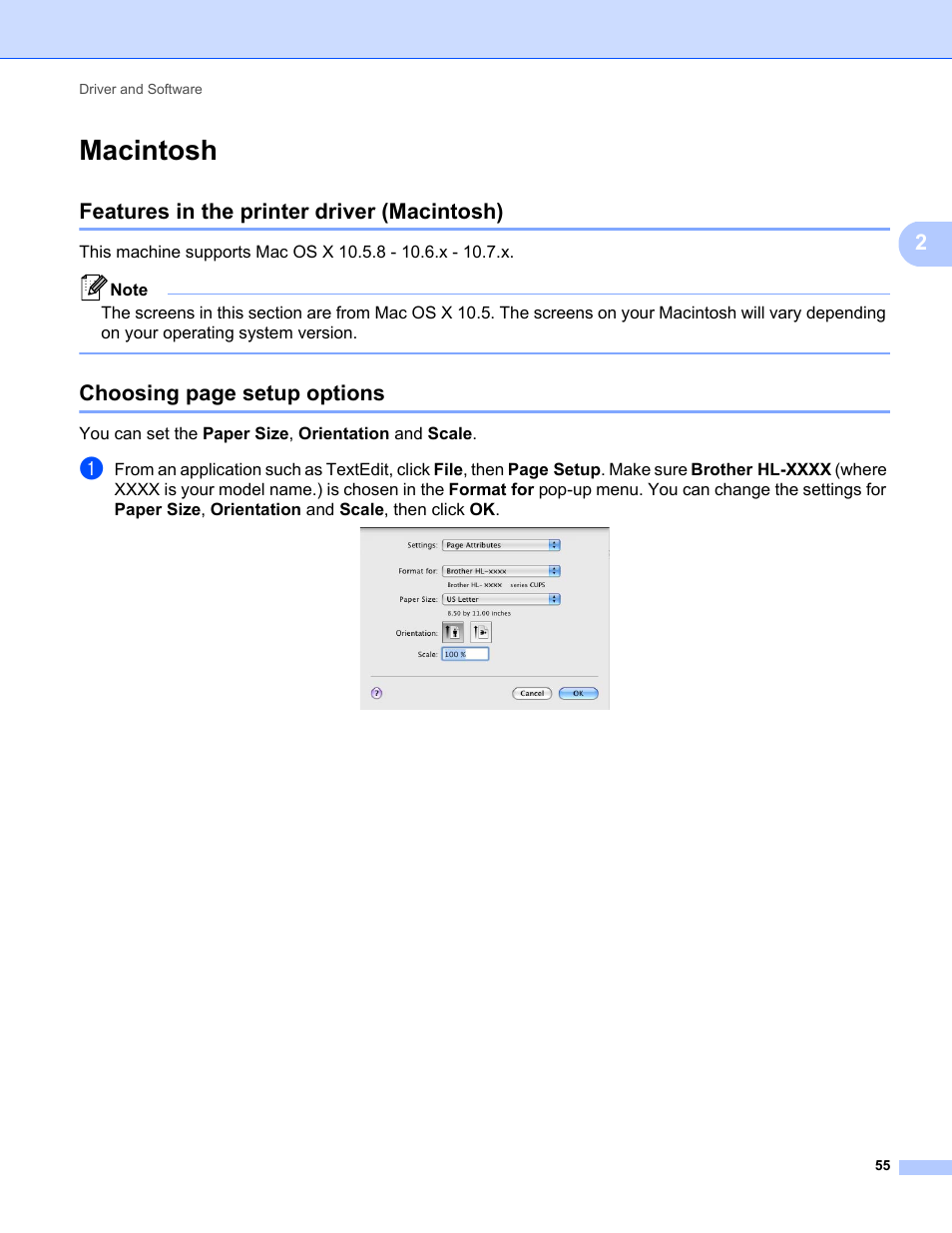 Macintosh, Features in the printer driver (macintosh), Choosing page setup options | Brother HL-5470DWT User Manual | Page 61 / 177