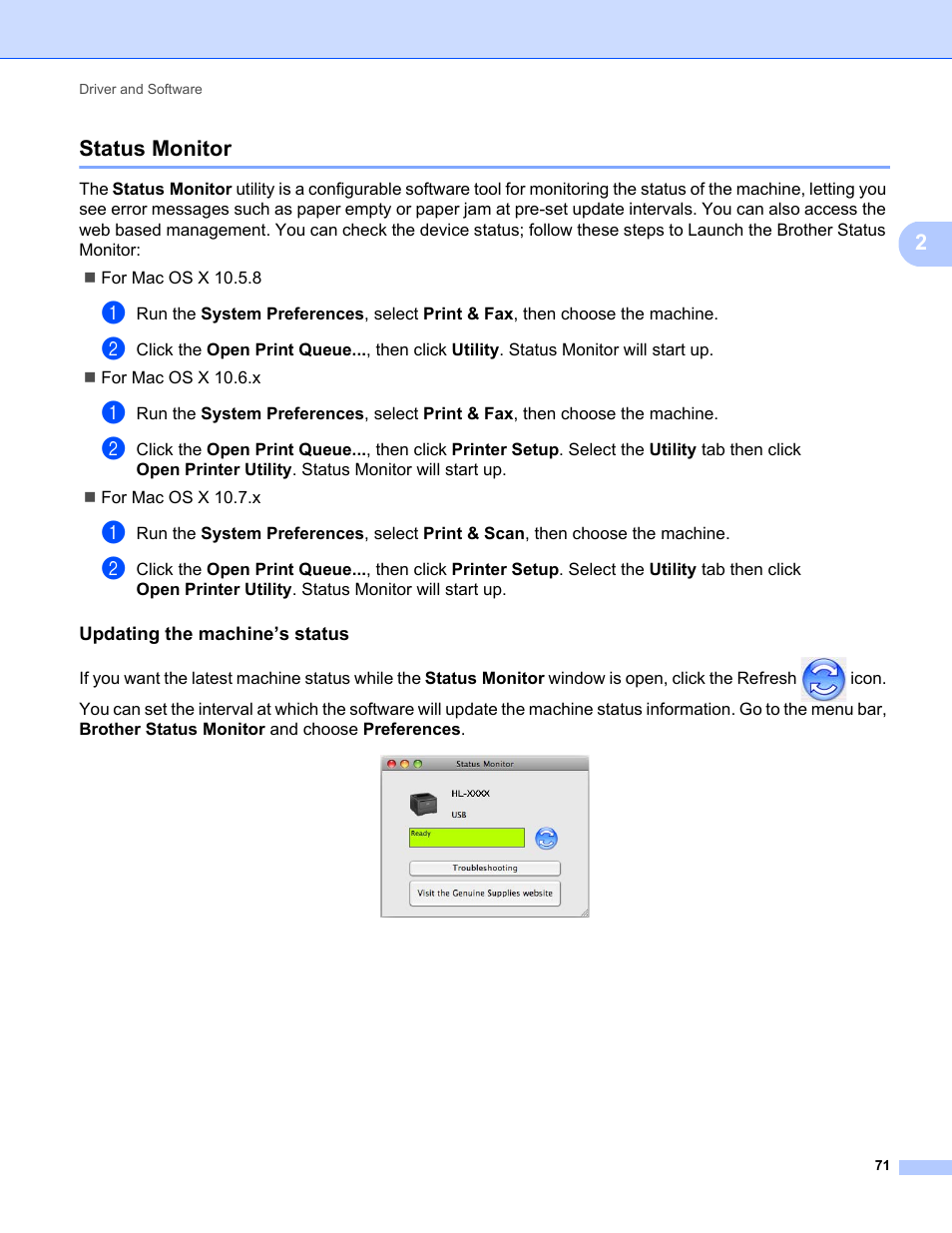 Status monitor, Updating the machine’s status, 2status monitor | Brother HL-5470DWT User Manual | Page 77 / 177