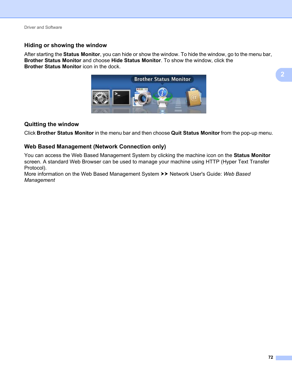 Hiding or showing the window, Quitting the window, Web based management (network connection only) | Brother HL-5470DWT User Manual | Page 78 / 177