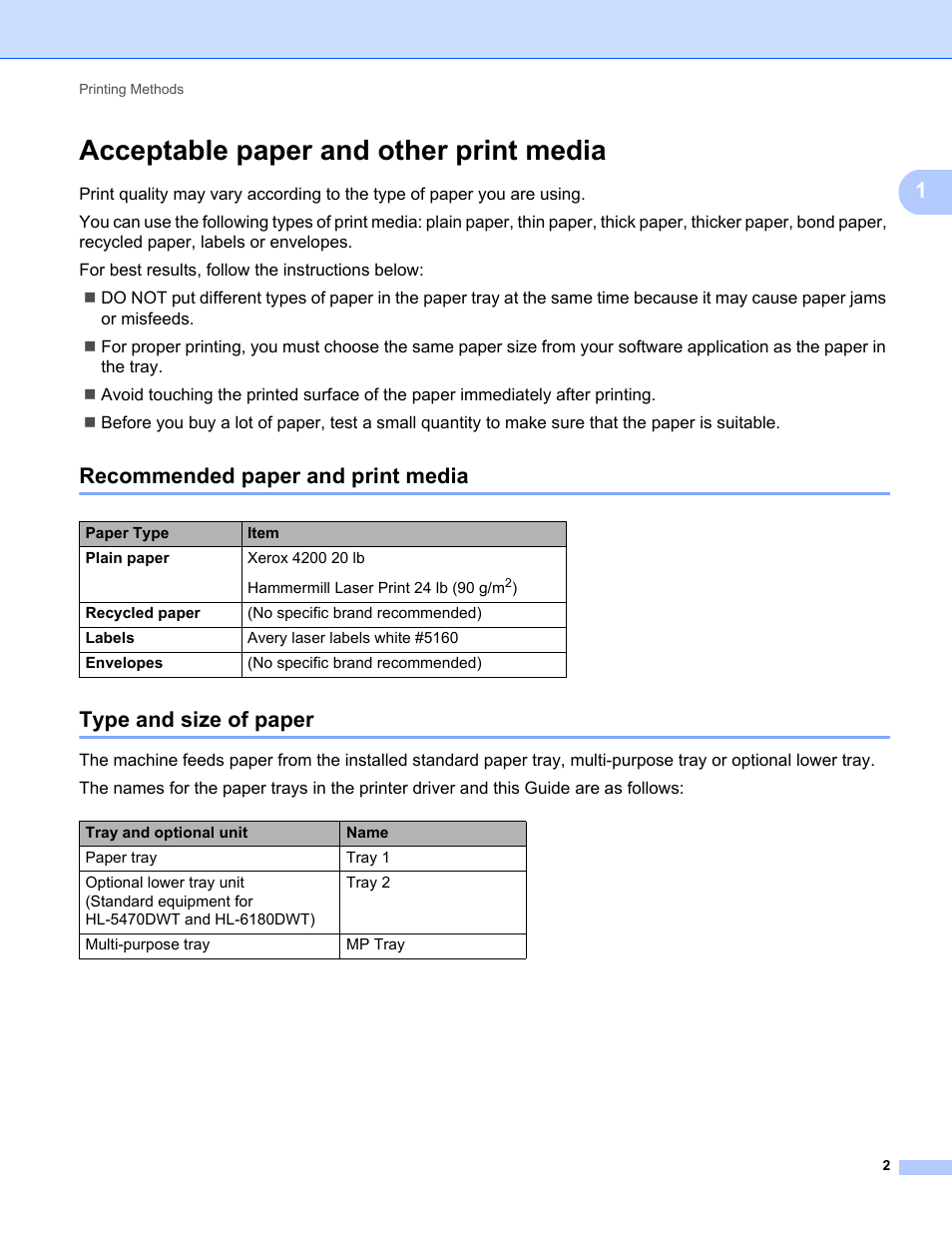 Acceptable paper and other print media, Recommended paper and print media, Type and size of paper | Brother HL-5470DWT User Manual | Page 8 / 177