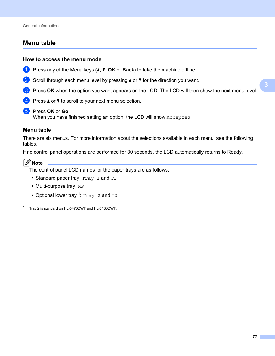 Menu table, How to access the menu mode, 3menu table | Brother HL-5470DWT User Manual | Page 83 / 177
