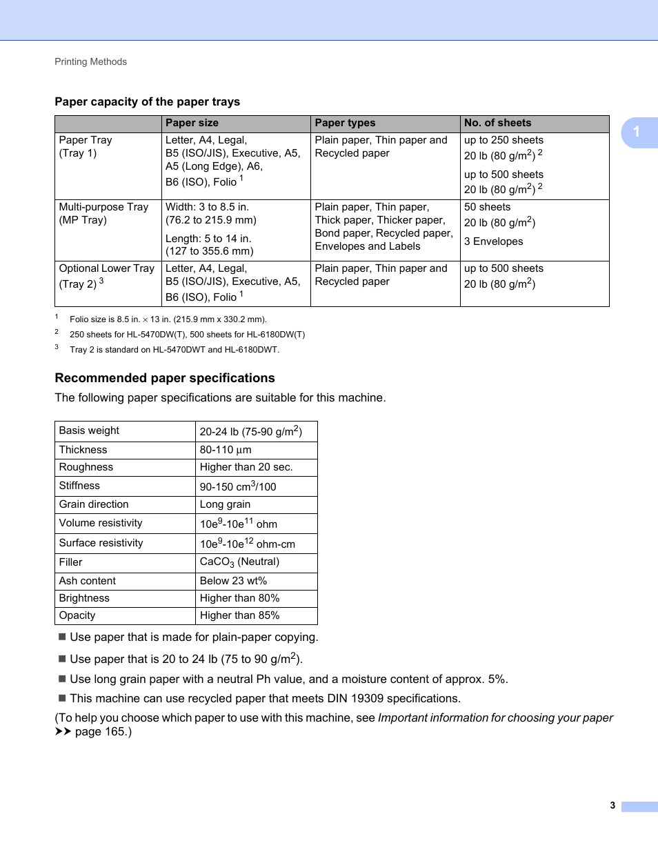 Recommended paper specifications | Brother HL-5470DWT User Manual | Page 9 / 177