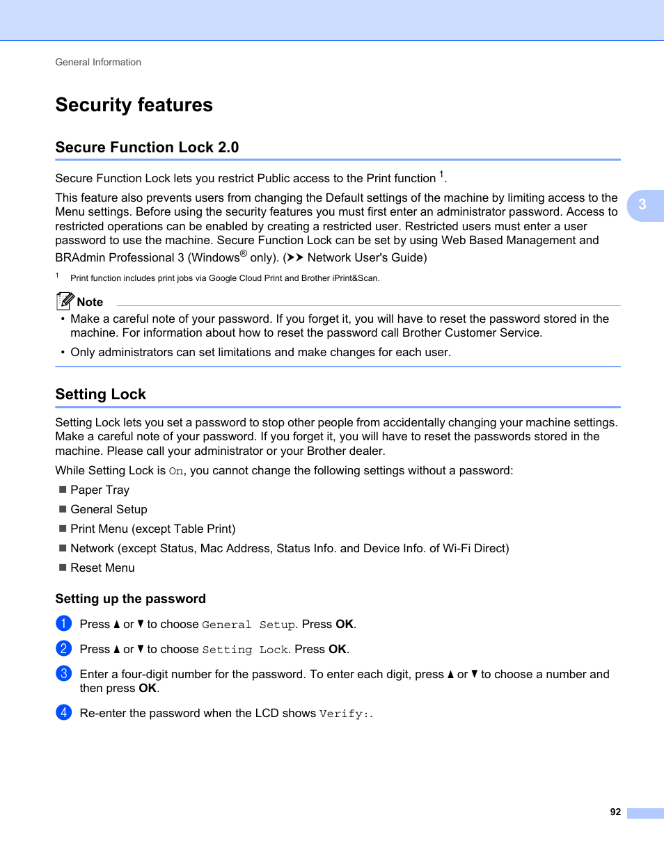 Security features, Secure function lock 2.0, Setting lock | Setting up the password, Secure function lock 2.0 setting lock | Brother HL-5470DWT User Manual | Page 98 / 177