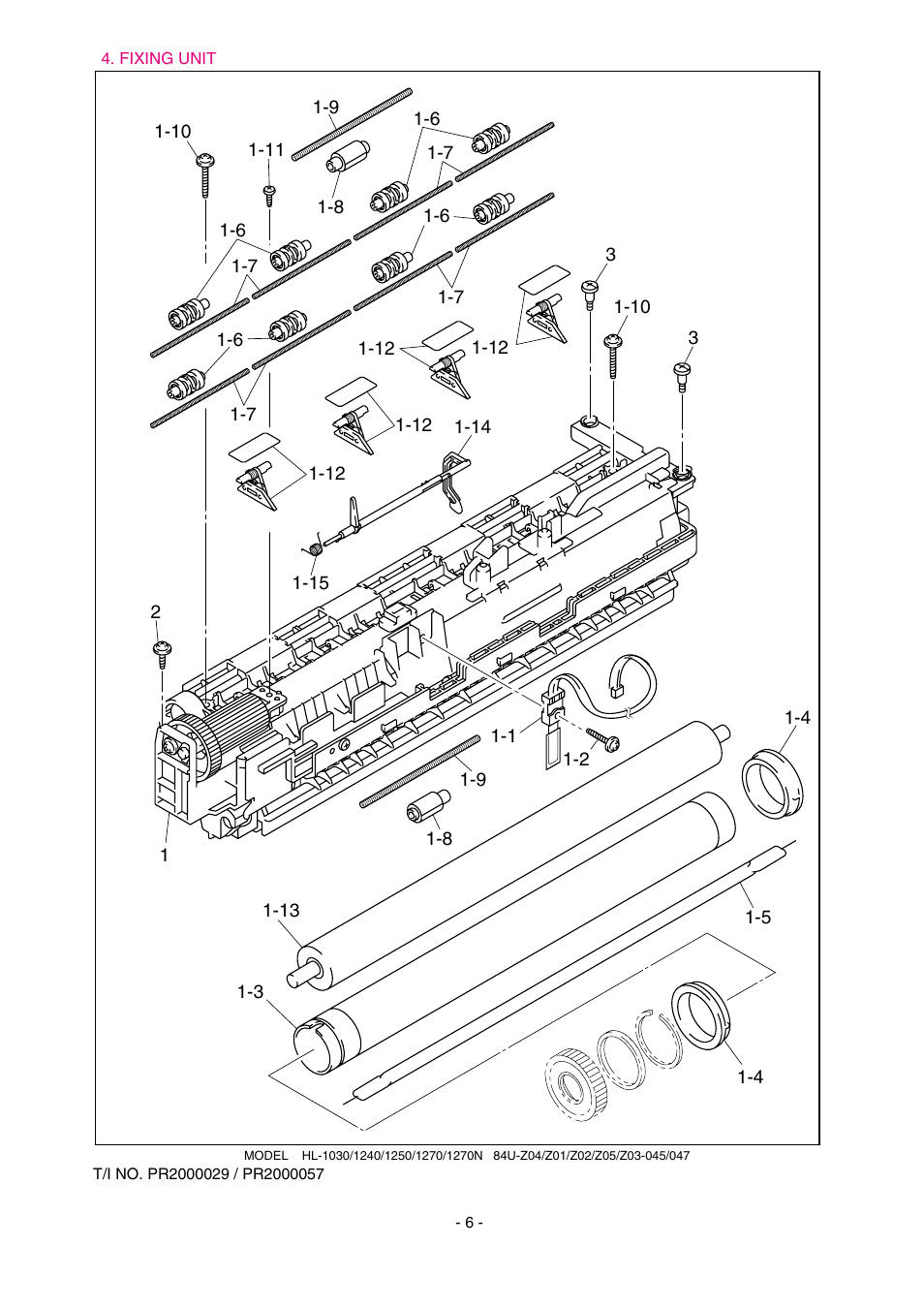 Drawing, Fixing unit, Ref.no | Code, Q'ty, Description, Remark, Lj4164001, 1 fixing unit, 115v (sp), Lj4168001 | Brother 1270N User Manual | Page 227 / 243