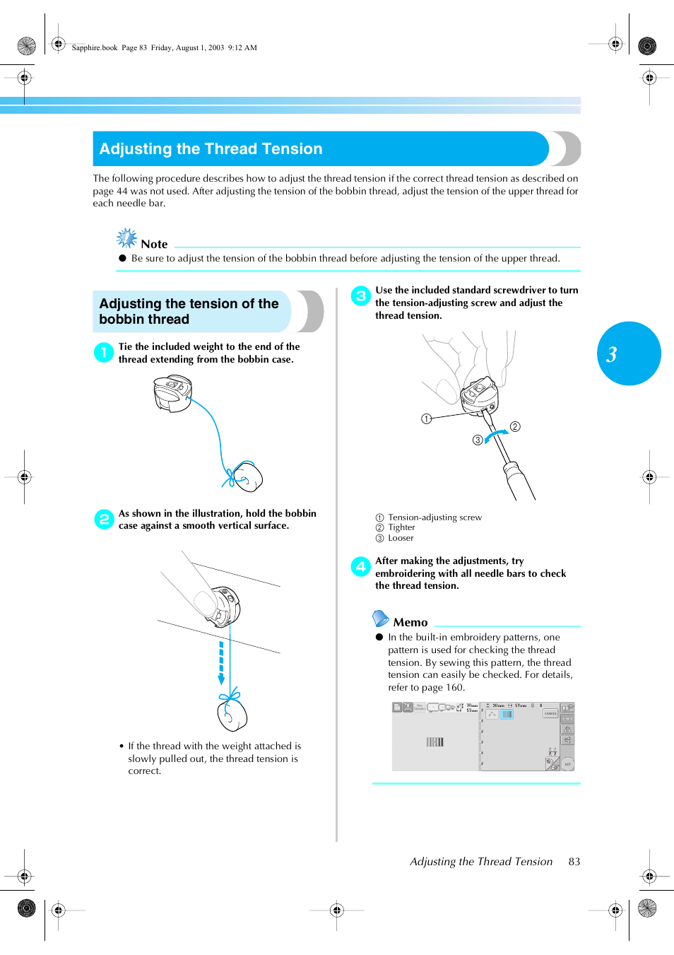 Adjusting the thread tension, Adjusting the tension of the bobbin thread | Brother PR-600 User Manual | Page 102 / 228