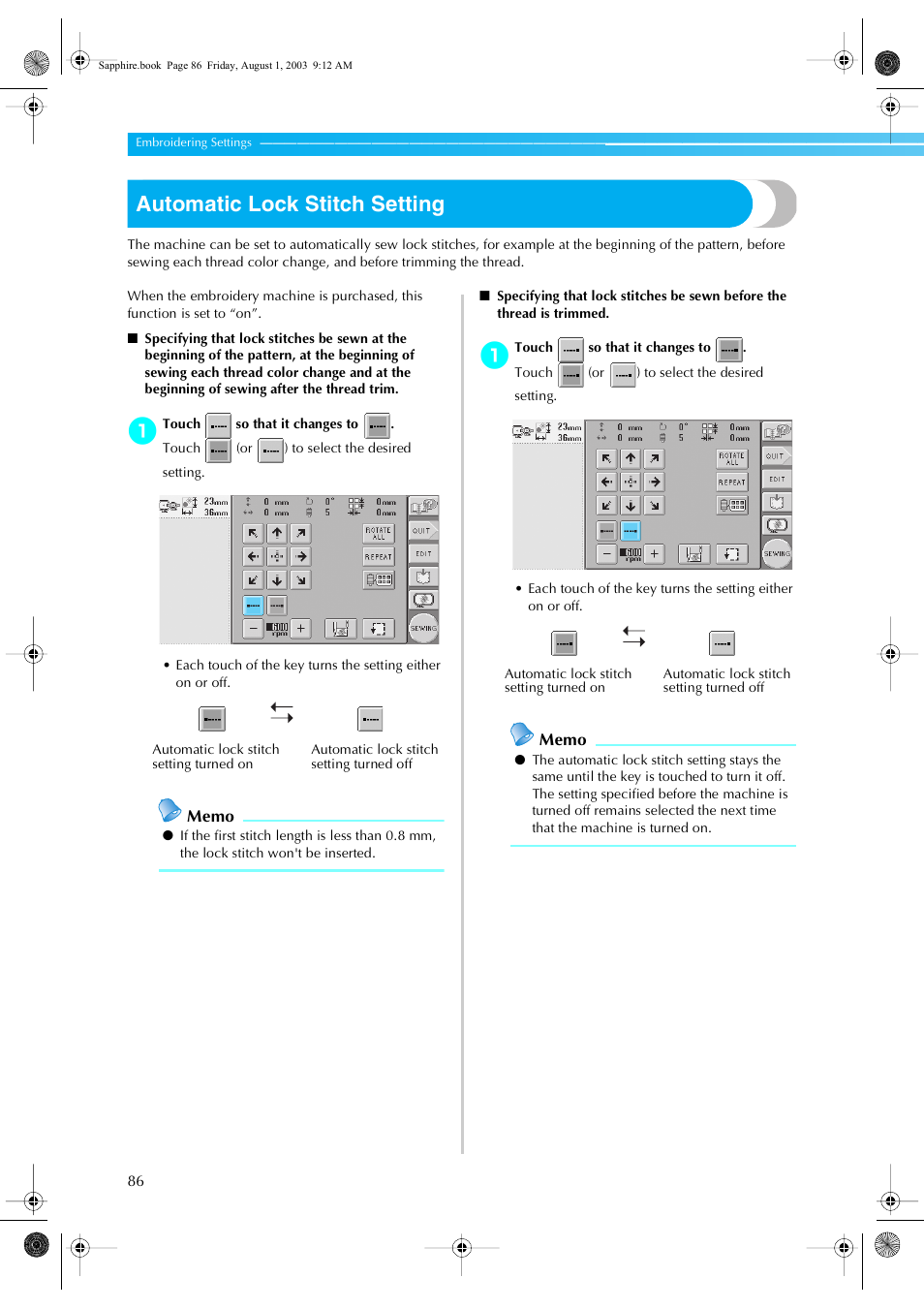 Automatic lock stitch setting | Brother PR-600 User Manual | Page 105 / 228