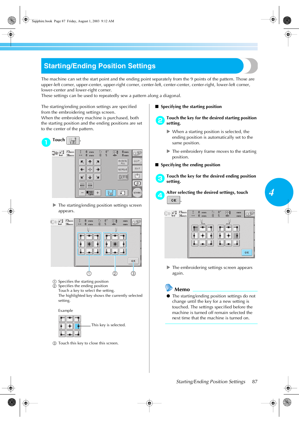 Starting/ending position settings | Brother PR-600 User Manual | Page 106 / 228