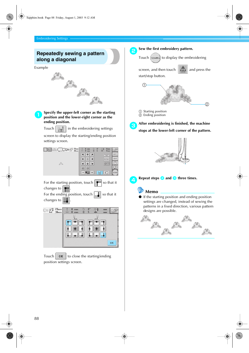 Repeatedly sewing a pattern along a diagonal | Brother PR-600 User Manual | Page 107 / 228