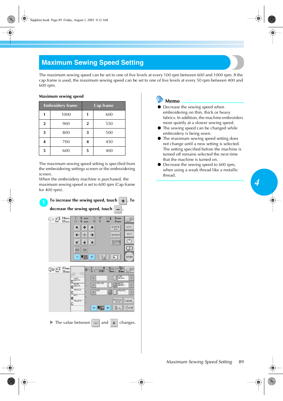 Maximum sewing speed setting | Brother PR-600 User Manual | Page 108 / 228