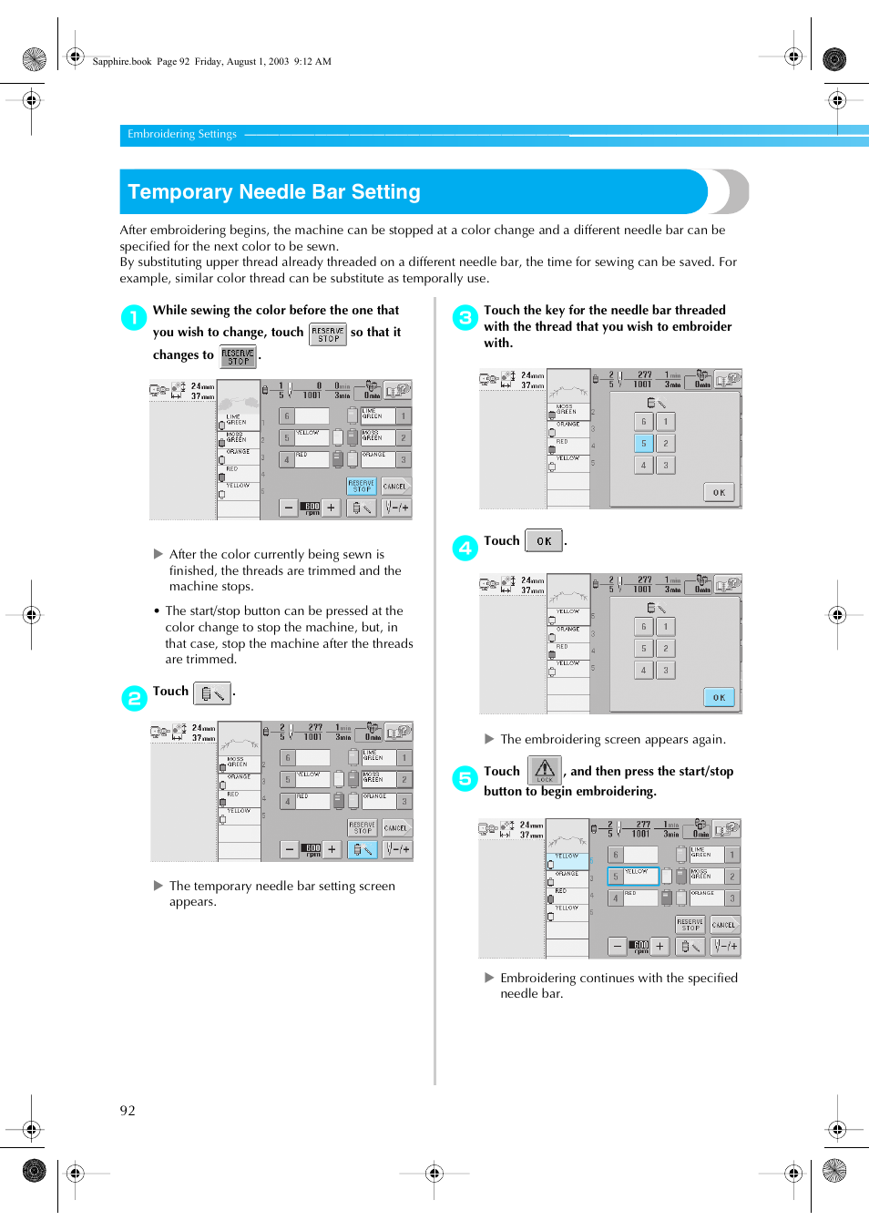 Temporary needle bar setting | Brother PR-600 User Manual | Page 111 / 228