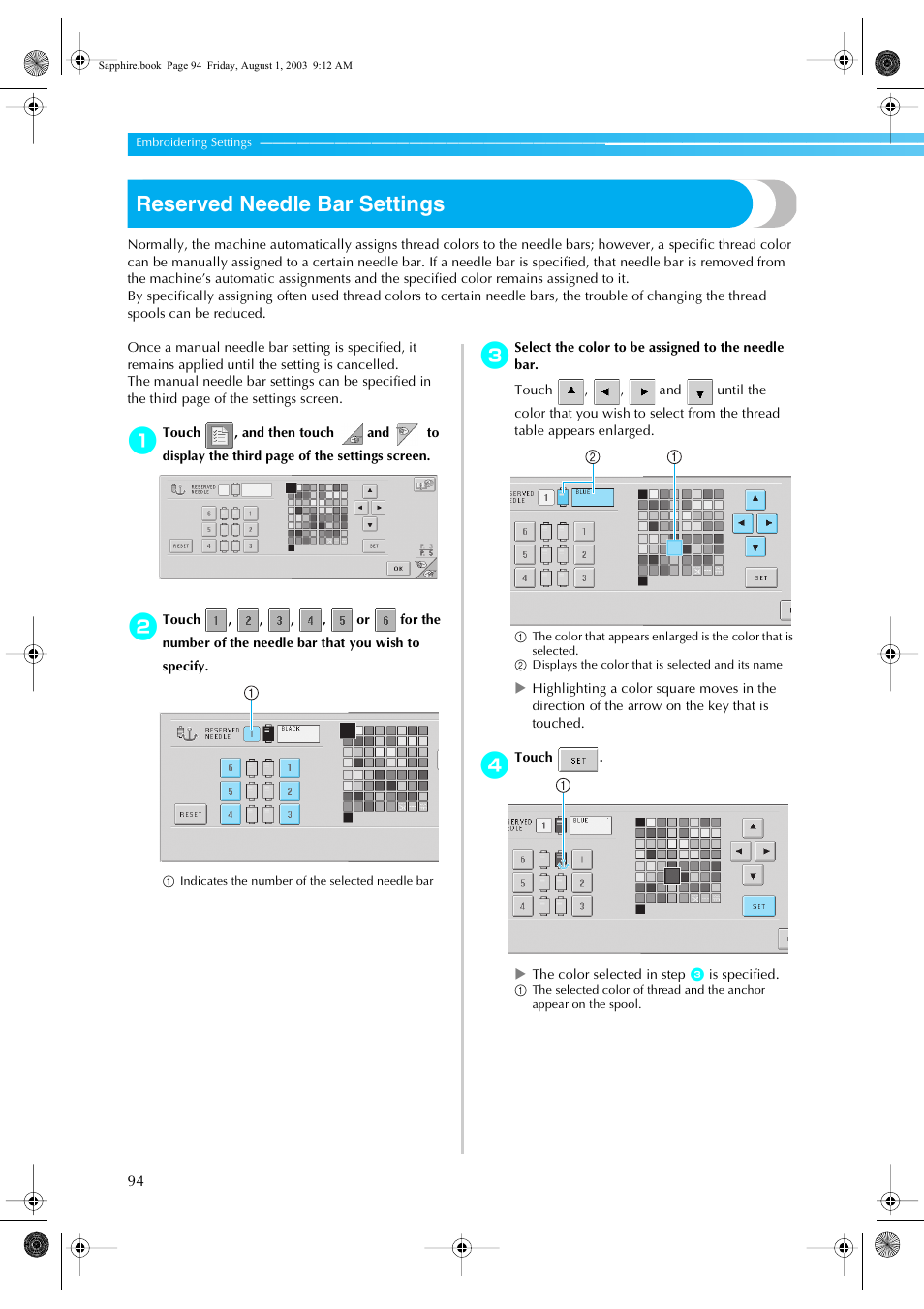 Reserved needle bar settings | Brother PR-600 User Manual | Page 113 / 228