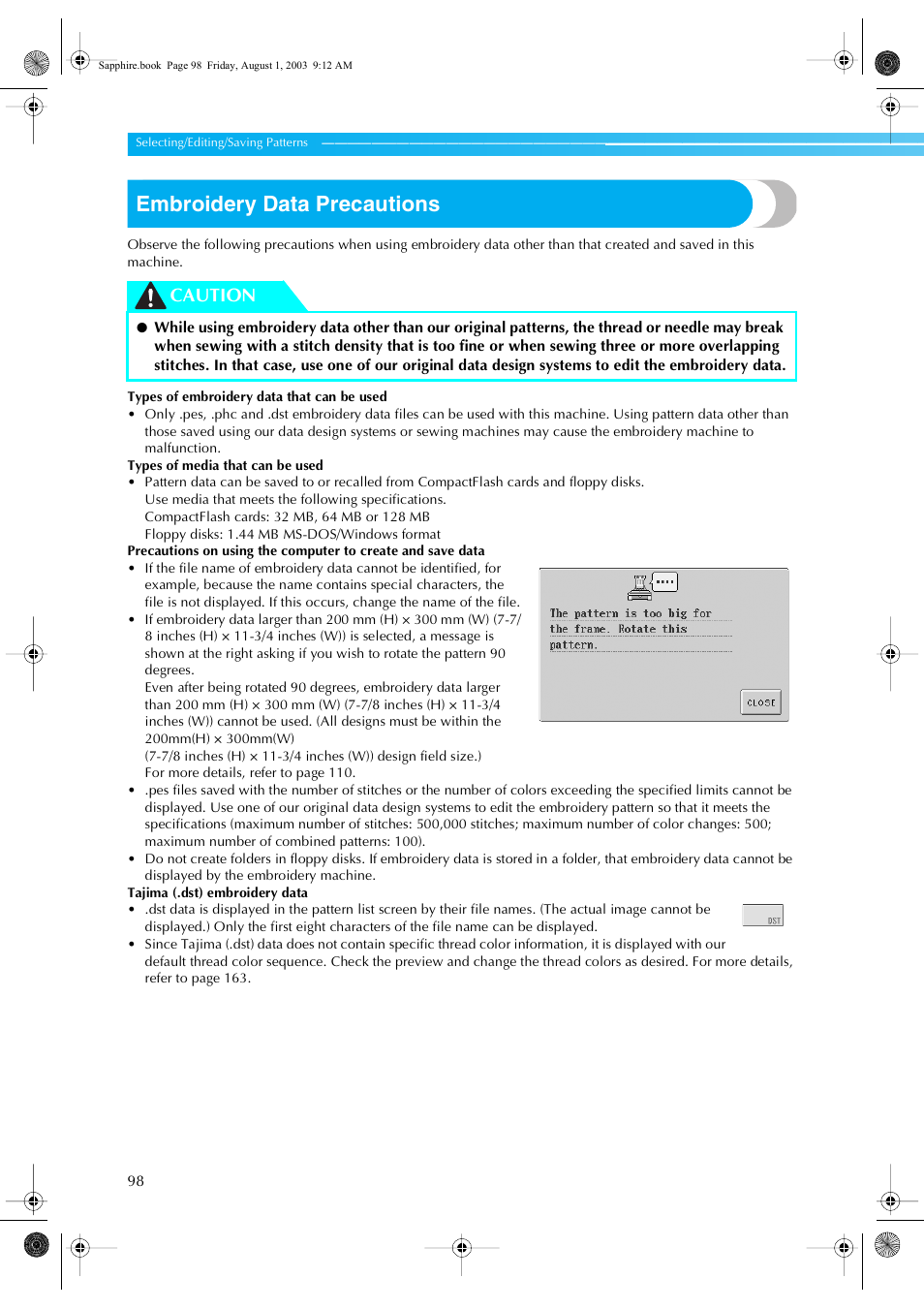 Embroidery data precautions, Caution | Brother PR-600 User Manual | Page 117 / 228