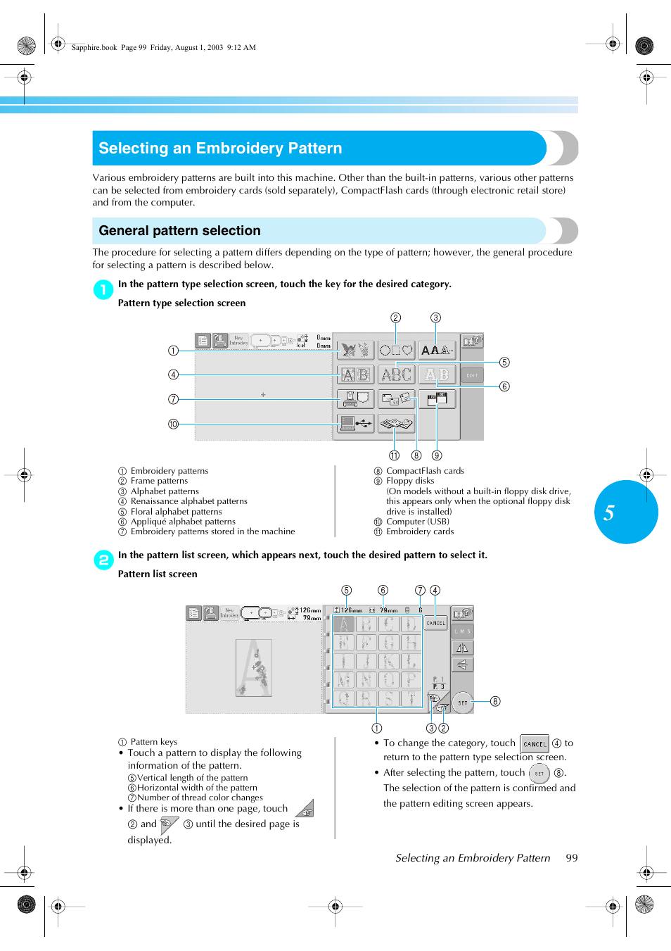 Selecting an embroidery pattern, General pattern selection | Brother PR-600 User Manual | Page 118 / 228