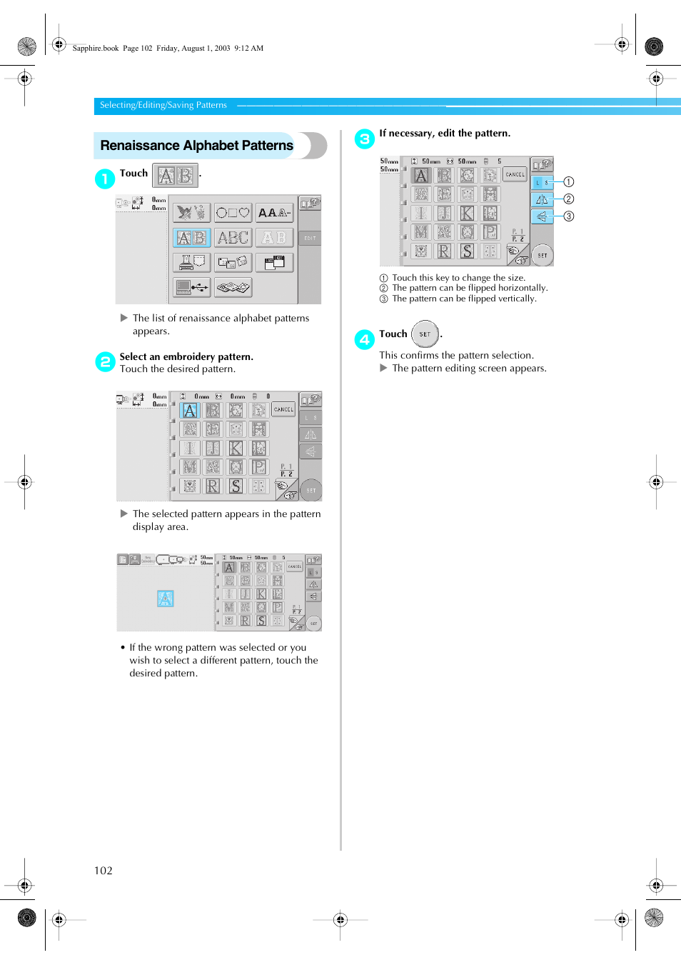 Renaissance alphabet patterns | Brother PR-600 User Manual | Page 121 / 228