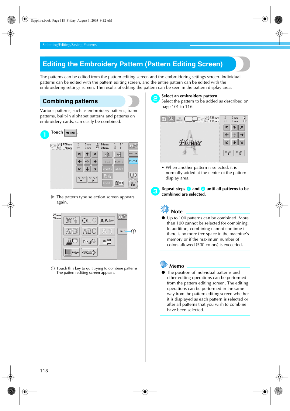 Combining patterns | Brother PR-600 User Manual | Page 137 / 228