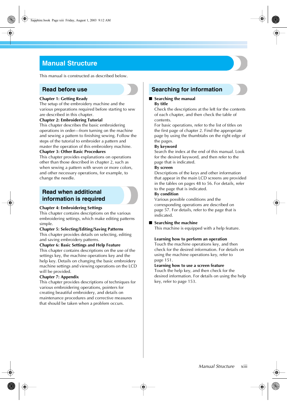 Manual structure, Read before use, Read when additional information is required | Searching for information | Brother PR-600 User Manual | Page 14 / 228