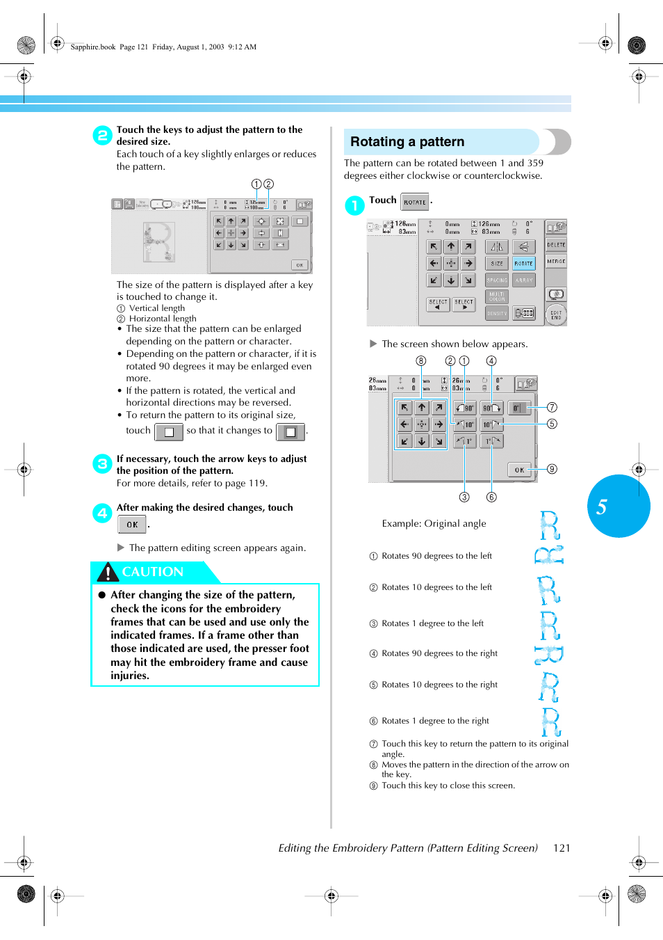 Rotating a pattern, Caution | Brother PR-600 User Manual | Page 140 / 228