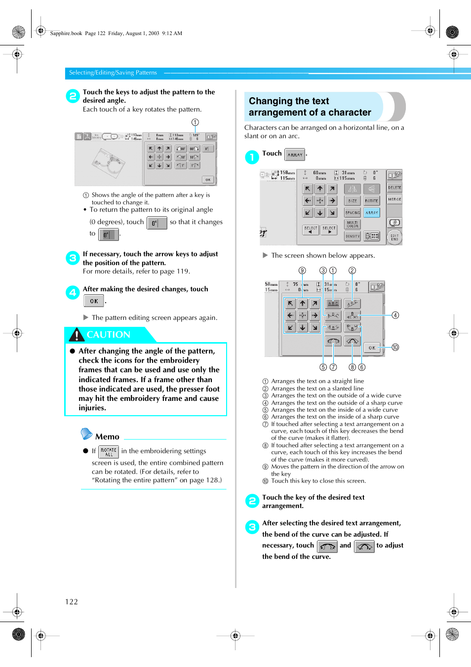 Changing the text arrangement of a character, Caution | Brother PR-600 User Manual | Page 141 / 228