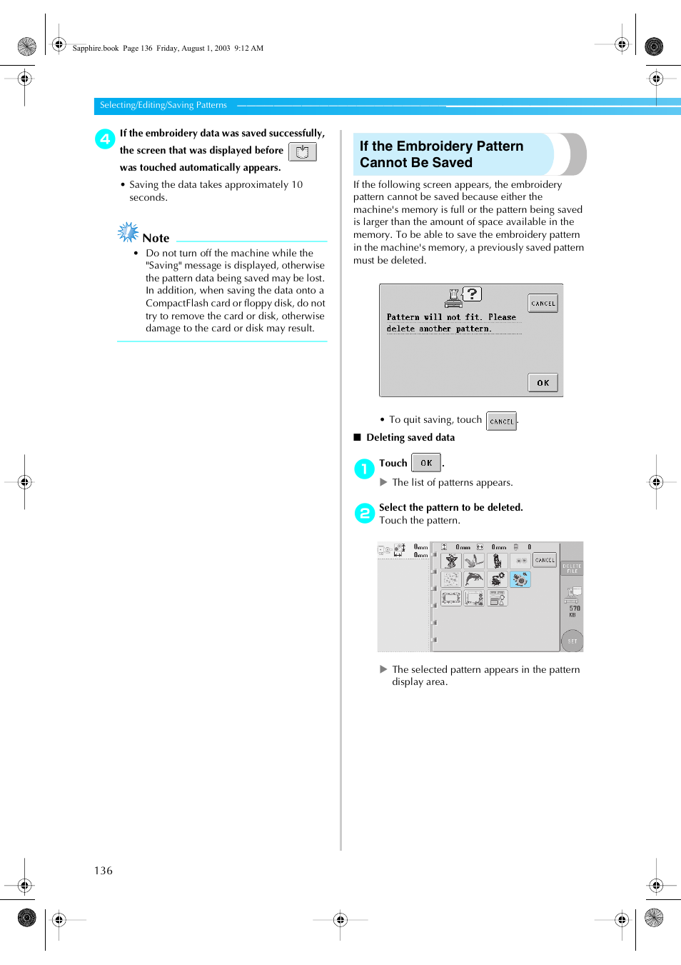 If the embroidery pattern cannot be saved | Brother PR-600 User Manual | Page 155 / 228